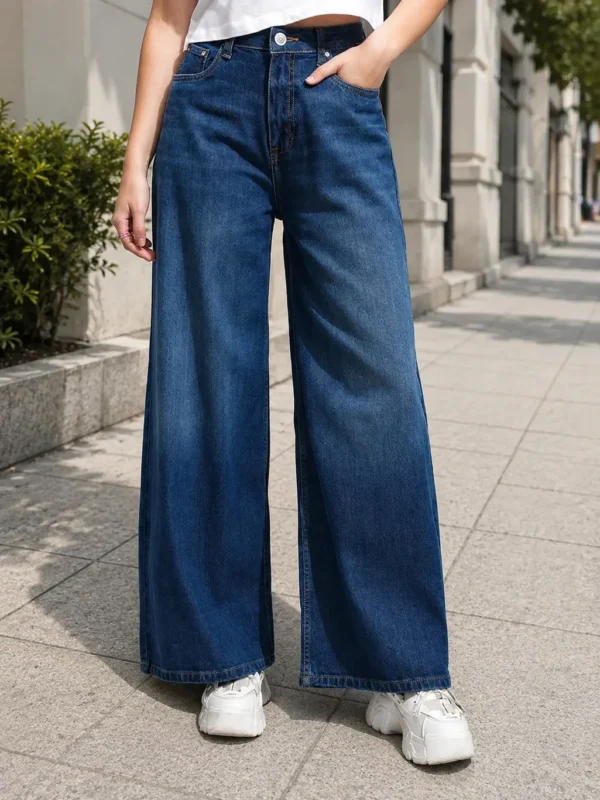 Women Wide Leg High Rise Dark Blue Jeans