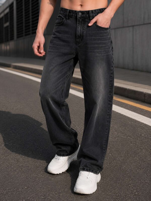 Men Wide Leg Mid Rise Dark Grey Jeans
