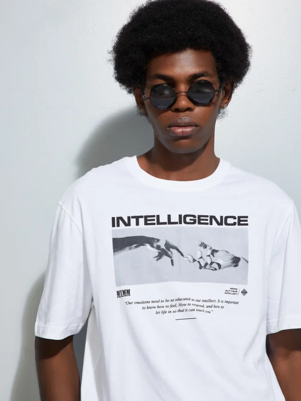 max URB_N Men Printed Round Neck Pure Cotton White T-Shirt