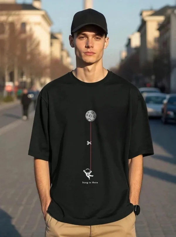 Oversized Men Printed Round Neck Pure Cotton Black T-Shirt