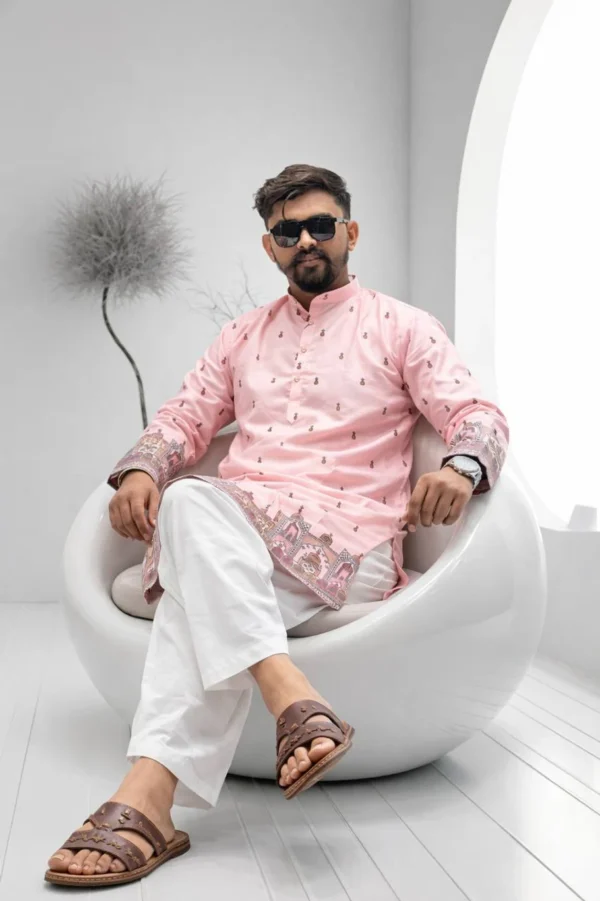 Floral Print, Geometric Print Pure Cotton Straight Kurta for Men (Pink)